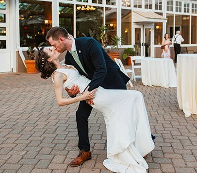 A couple in an outdoor courtyard